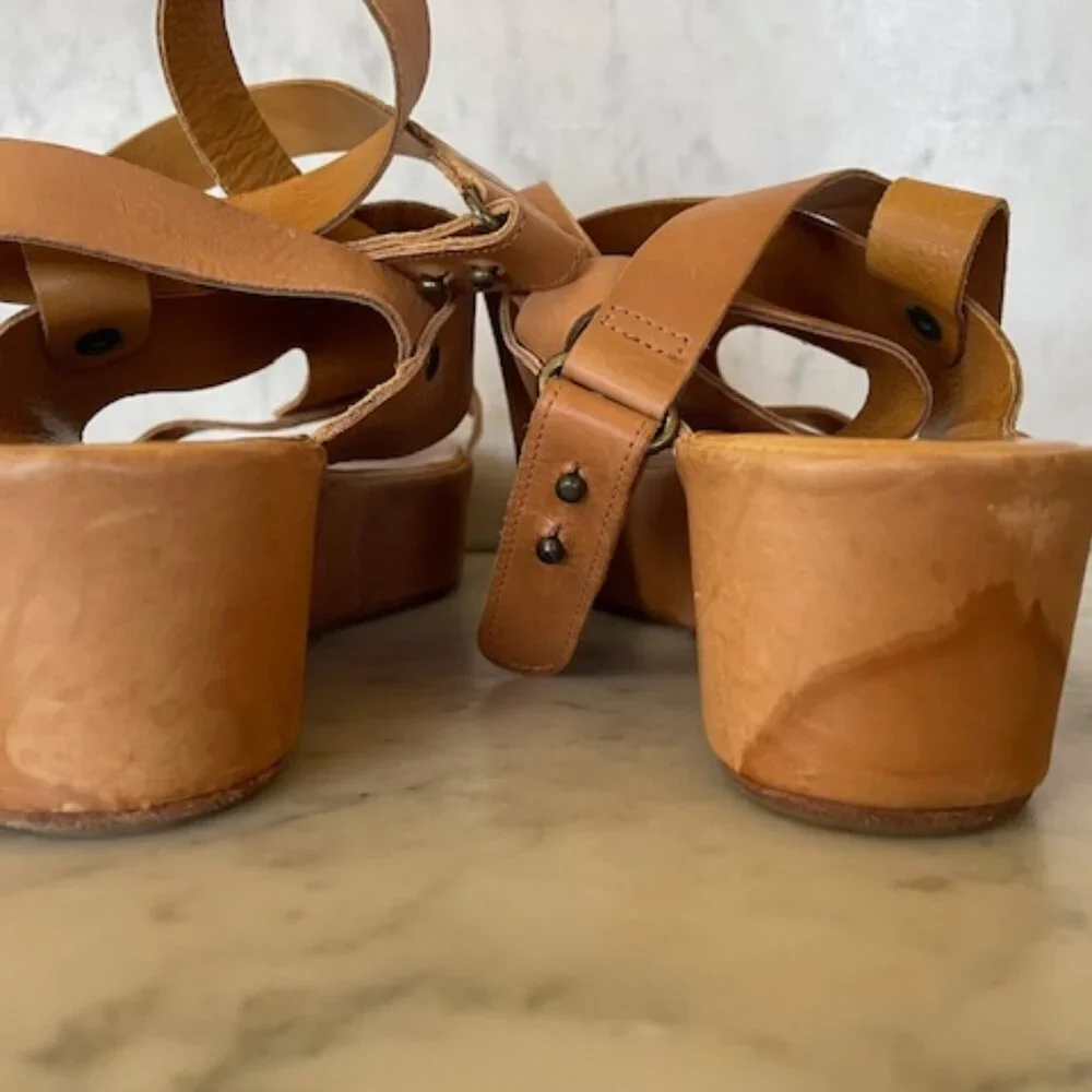 COCLICO Leather Platform Sandals Ankle Leg Wrap Tan Vintage 37
